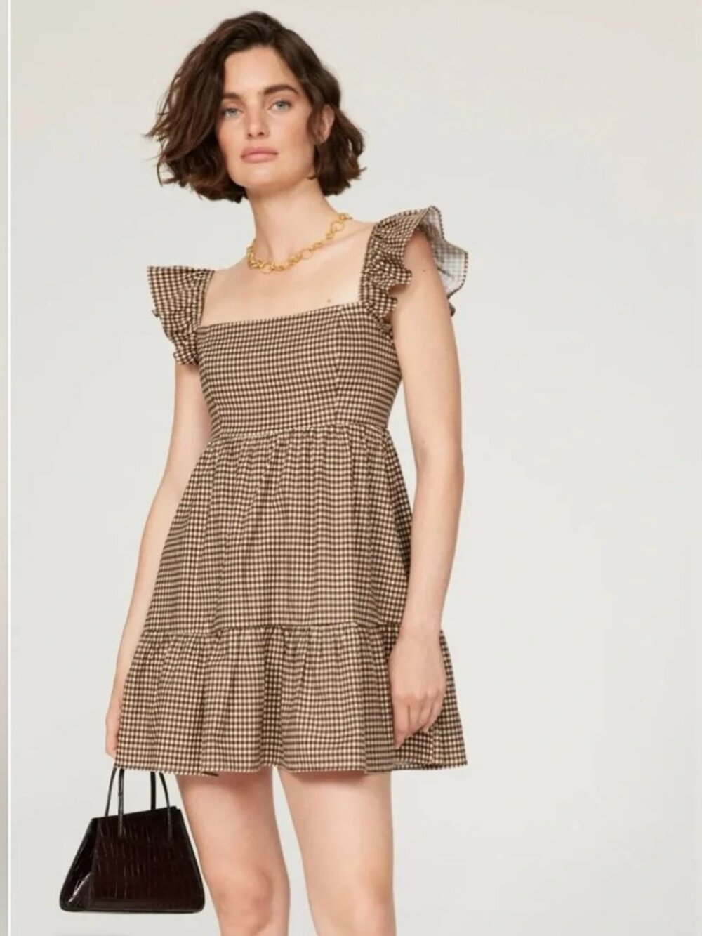 Reformation Jeune Mini Dress Gingham Tartine Check Tiered Ruffle Sleeve Sundress